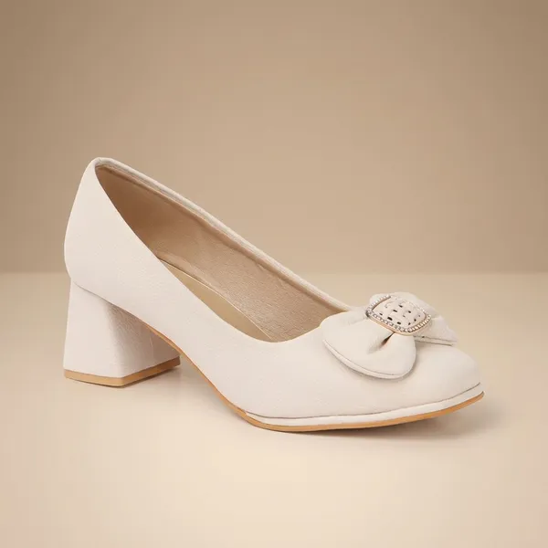 Cream_Elegant_Black_Party_Block_Heels_For_Women_With_Bow_And_Buckle_Detail