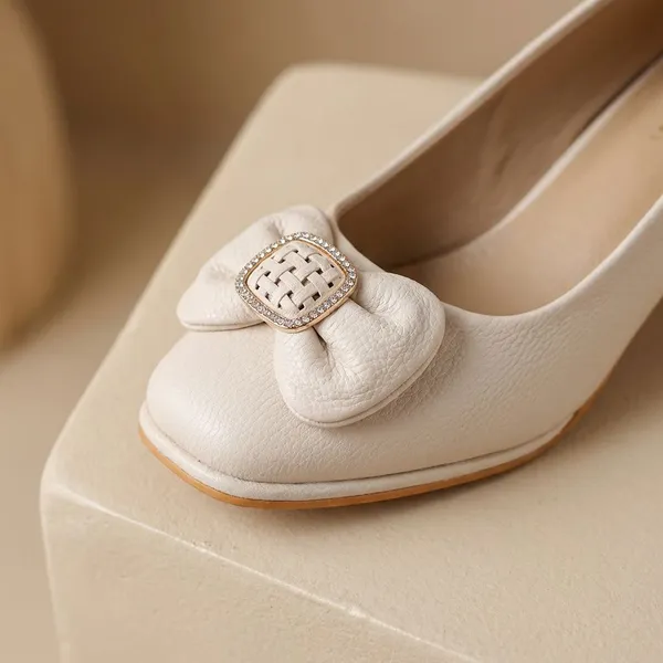 Cream_Elegant_Black_Party_Block_Heels_For_Women_With_Bow_And_Buckle_Detail