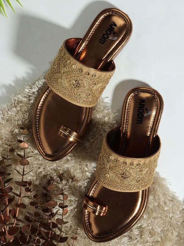 Copper_Stylish_Embellished_Ethnic_Flats_Sandal_With_Textured_Strap_And_Comfortable_Slip_On_Design_For_Women