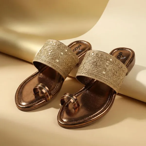 Copper_Stylish_Embellished_Ethnic_Flats_Sandal_With_Textured_Strap_And_Comfortable_Slip_On_Design_For_Women