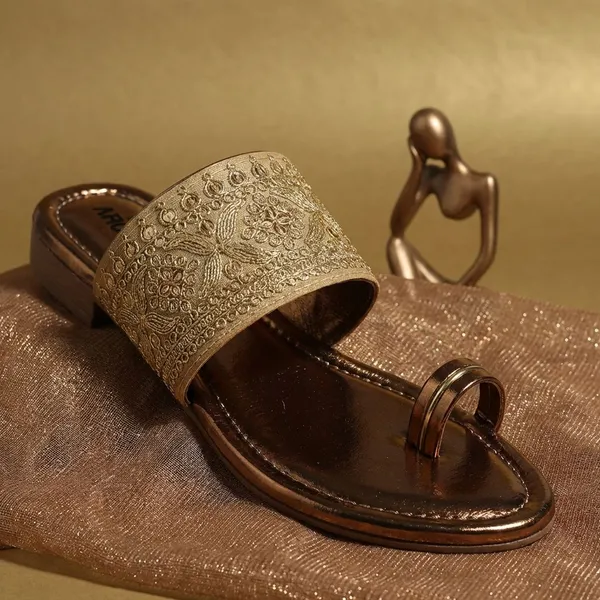 Copper_Stylish_Embellished_Ethnic_Flats_Sandal_With_Textured_Strap_And_Comfortable_Slip_On_Design_For_Women