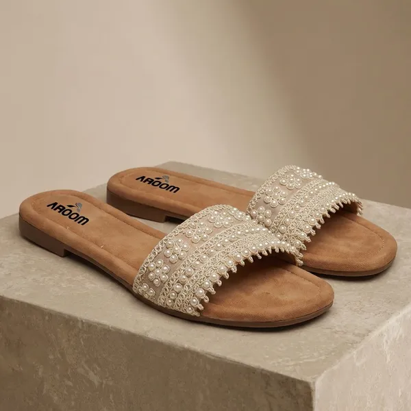 White_Elegant_Slip_On_Sandals_With_Pearl_Studded,_Soft_Padded_Insole,_And_Large_Decorative_Front