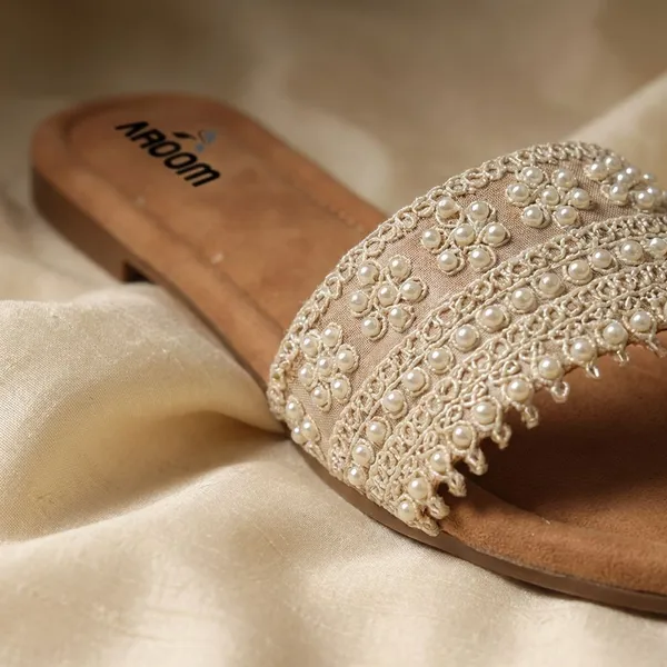 White_Elegant_Slip_On_Sandals_With_Pearl_Studded,_Soft_Padded_Insole,_And_Large_Decorative_Front