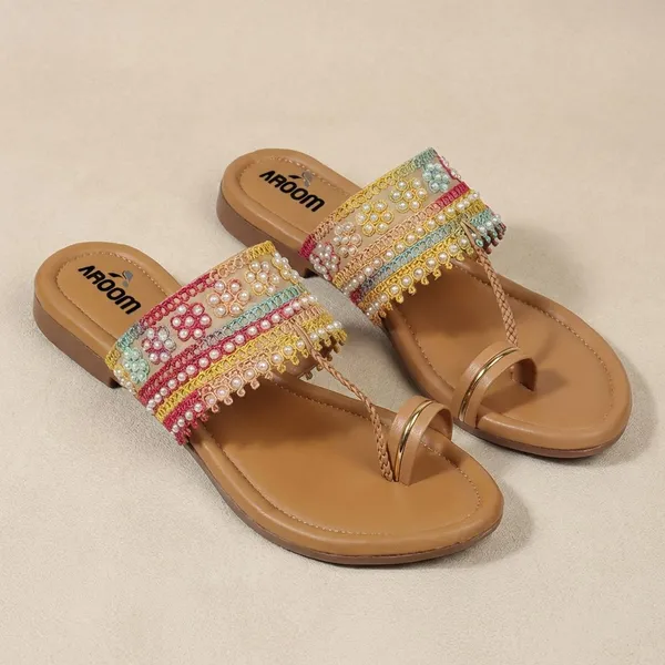 Multicolor_Elegant_Pearl_Embellished_Kolhapuri_Flat_Sandal_For_Women_With_Soft_Comfort_Sole_And_Ethnic_Festive_Design
