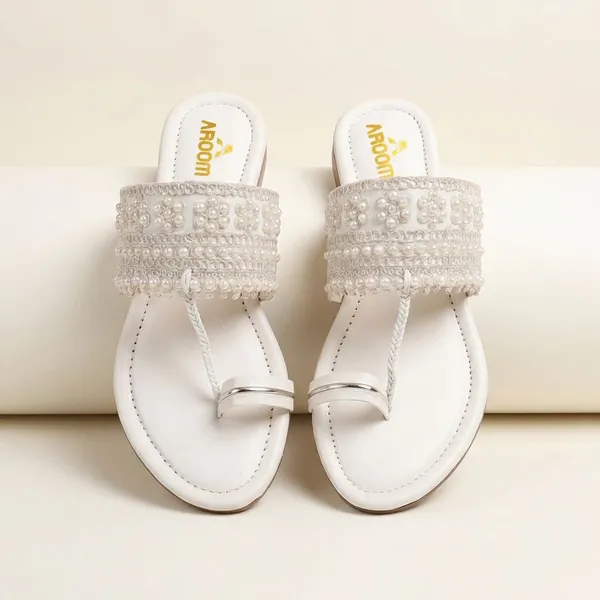 White_Elegant_Pearl_Embellished_Kolhapuri_Flat_Sandal_For_Women_With_Soft_Comfort_Sole_And_Ethnic_Festive_Design