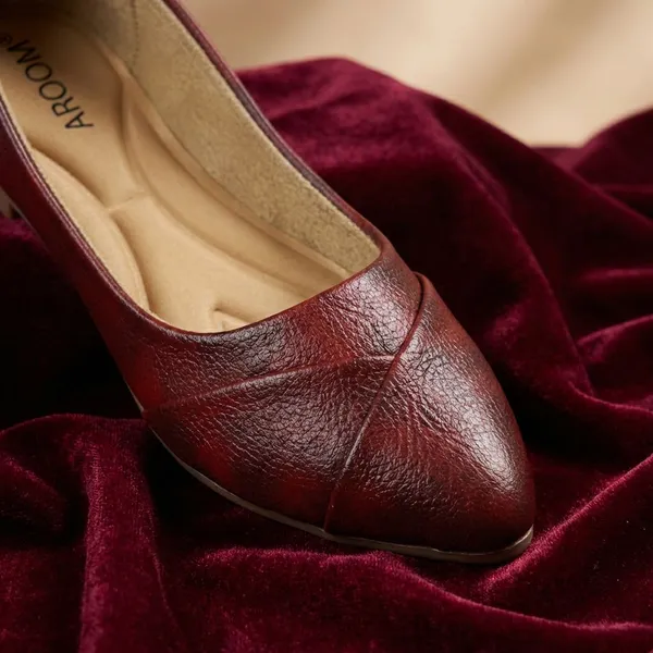 Maroon_Classic_Dark_Textured_Faux_Leather_Ballerina_Flats_With_Soft_Cushioning_And_Elegant_Cross_Stitch_Design