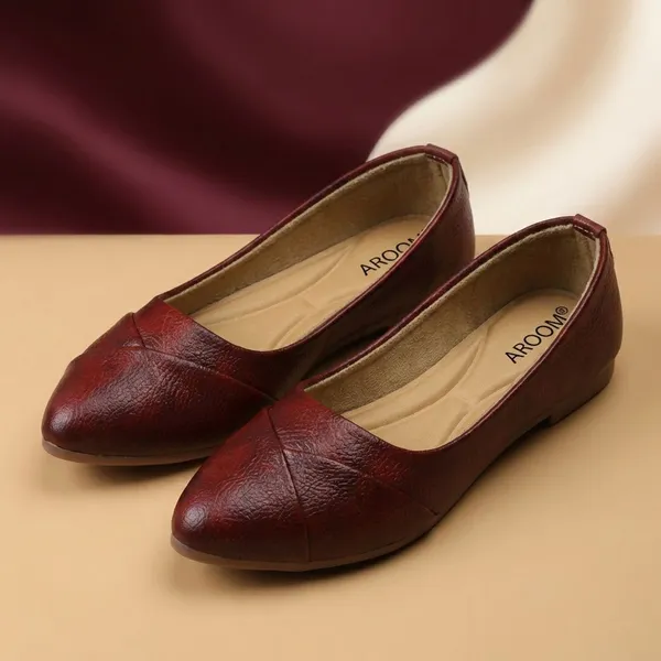 Maroon_Classic_Dark_Textured_Faux_Leather_Ballerina_Flats_With_Soft_Cushioning_And_Elegant_Cross_Stitch_Design