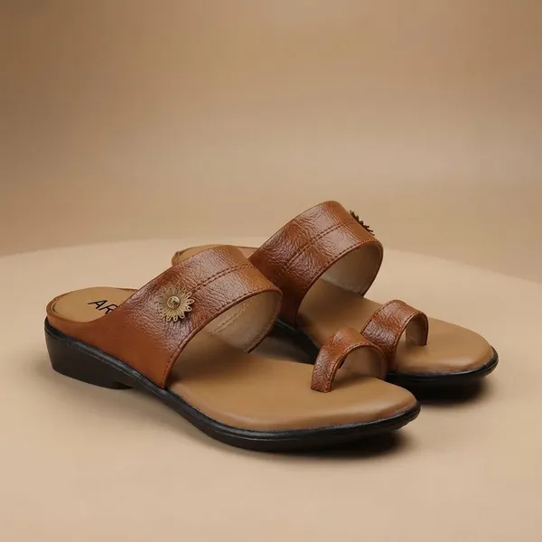 Tan_Elegant_Womens_Toe_Loop_Sandals_With_Stylish_Floral_Ornament_And_Cushioned_Comfort_Sole