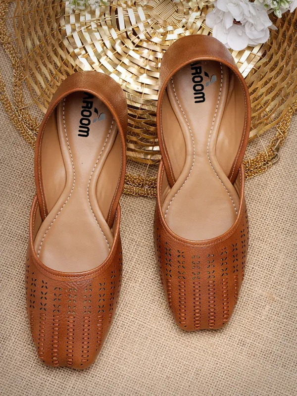 Tan_Stylish_Closed_Toe_Womens_Flat_With_Perforated_Pu_Design_And_Cushioned_Insole_For_Daily_Comfort