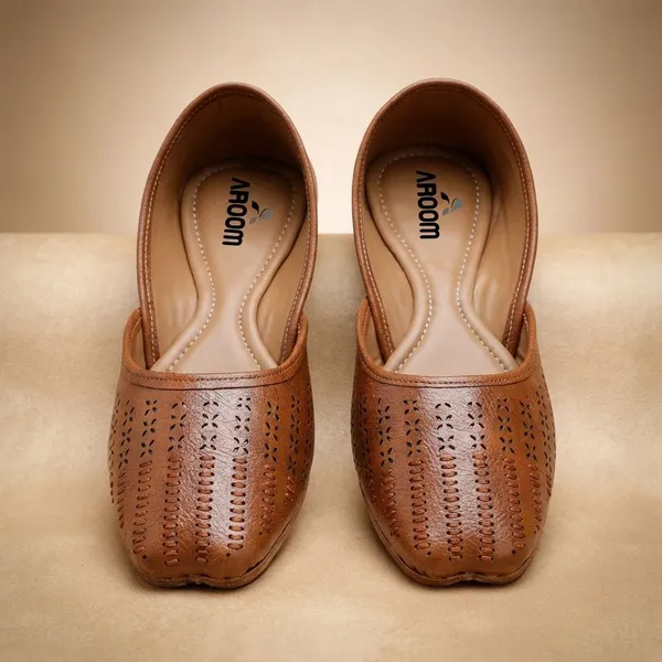 Tan_Stylish_Closed_Toe_Womens_Flat_With_Perforated_Pu_Design_And_Cushioned_Insole_For_Daily_Comfort