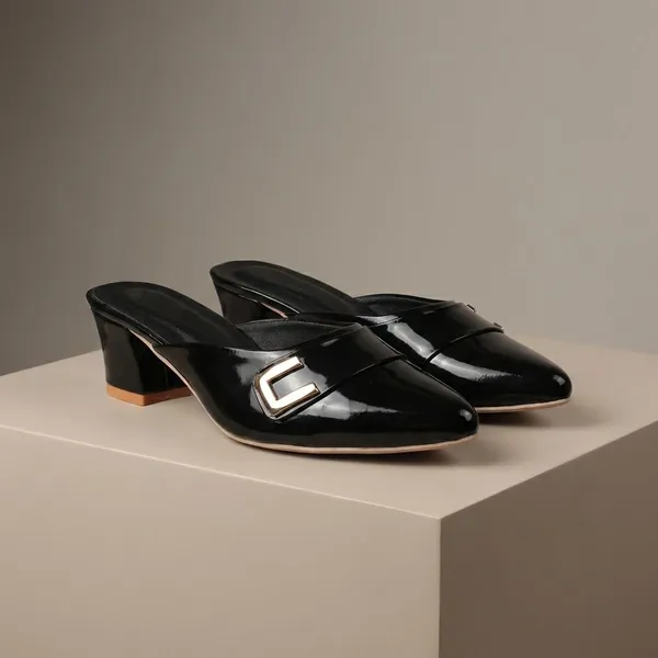Black_Elegant_Block_Heel_Mules_For_Women_With_Gold_Buckle_And_Glossy_Finish