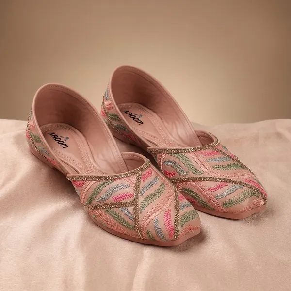 Peach_Elegant_Embroidered_Ethnic_Jutti_For_Women_With_Bead_Detailing_And_Comfortable_Flat_Sole