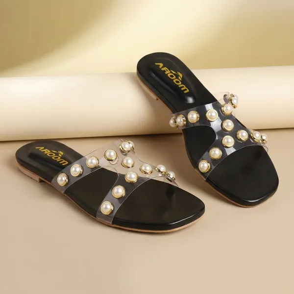 Black_Elegant_Slip_On_Sandals_With_Pearl_Studded_V_Strap,_Soft_Padded_Insole,_And_Large_Decorative_Front