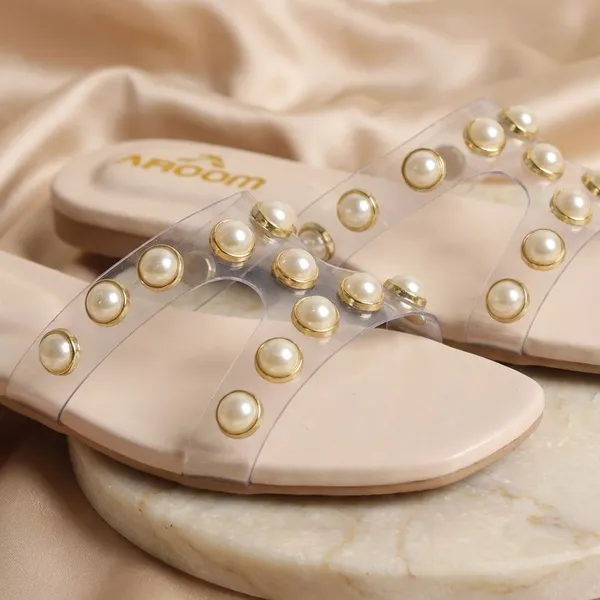 Cream_Elegant_Slip_On_Sandals_With_Pearl_Studded_Soft_Padded_Insole,_And_Large_Decorative_Front