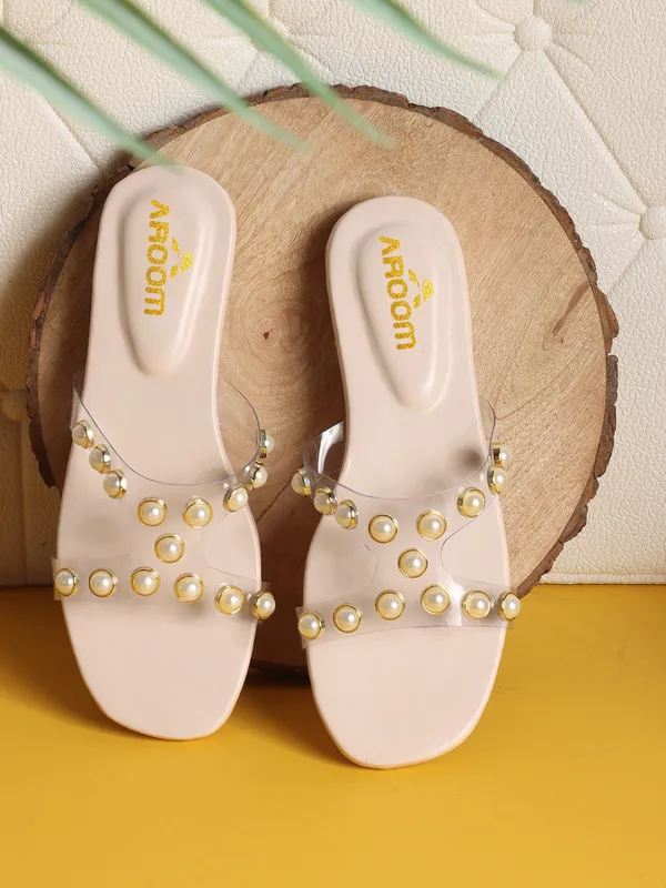 Cream_Elegant_Slip_On_Sandals_With_Pearl_Studded_Soft_Padded_Insole,_And_Large_Decorative_Front