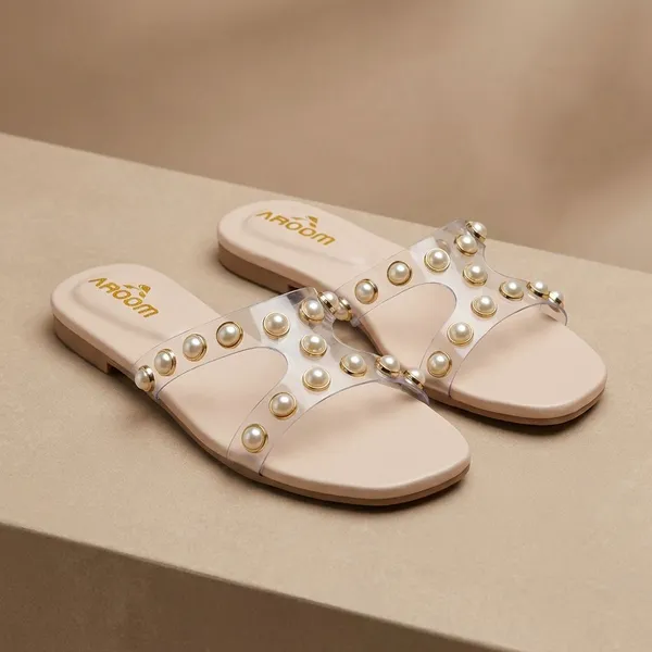 Cream_Elegant_Slip_On_Sandals_With_Pearl_Studded_Soft_Padded_Insole,_And_Large_Decorative_Front