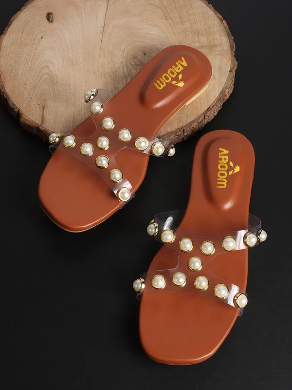Tan_Elegant_Slip_On_Sandals_With_Pearl_Studded_Soft_Padded_Insole,_And_Large_Decorative_Front