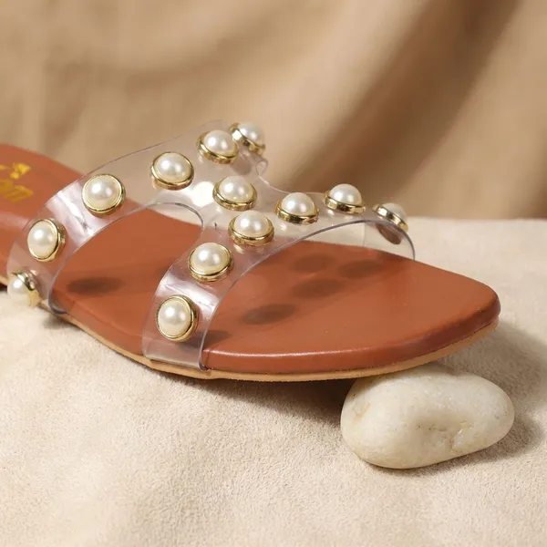 Tan_Elegant_Slip_On_Sandals_With_Pearl_Studded_Soft_Padded_Insole,_And_Large_Decorative_Front