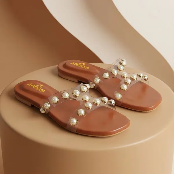 Tan_Elegant_Slip_On_Sandals_With_Pearl_Studded_Soft_Padded_Insole,_And_Large_Decorative_Front