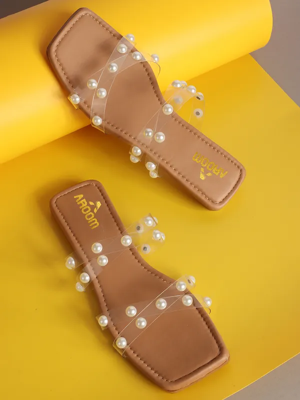 Tan_Elegant_Slip_On_Sandals_With_Pearl_Studded_Soft_Padded_Insole,_And_Large_Decorative_Front