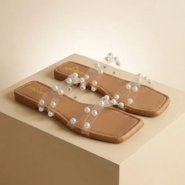 Tan_Elegant_Slip_On_Sandals_With_Pearl_Studded_Soft_Padded_Insole,_And_Large_Decorative_Front