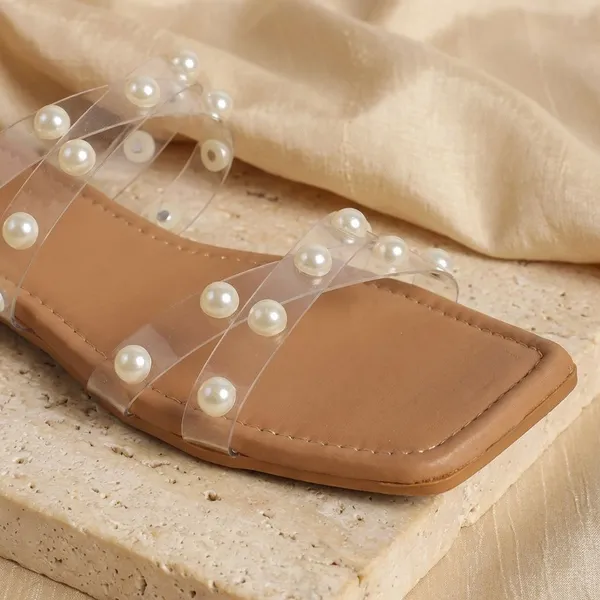 Tan_Elegant_Slip_On_Sandals_With_Pearl_Studded_Soft_Padded_Insole,_And_Large_Decorative_Front