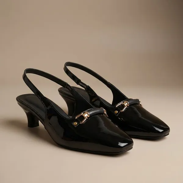 Black_Elegant_Slingback_Block_Heels_For_Women_With_Shiny_Finish_And_Metal_Buckle_Detailing