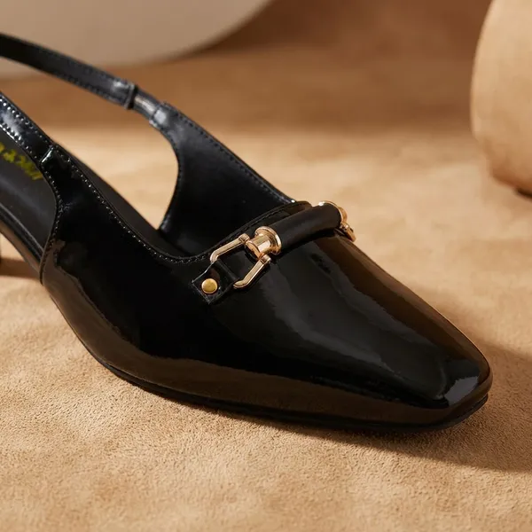 Black_Elegant_Slingback_Block_Heels_For_Women_With_Shiny_Finish_And_Metal_Buckle_Detailing