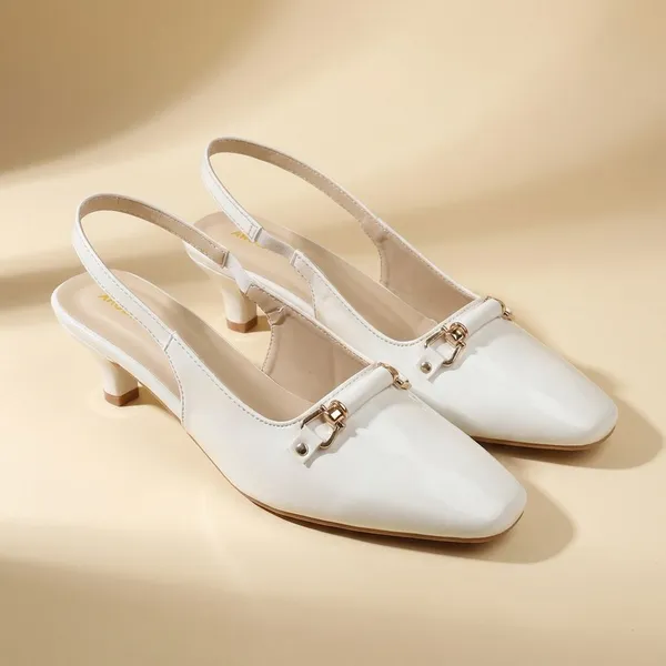 White_Elegant_Slingback_Block_Heels_For_Women_With_Shiny_Finish_And_Metal_Buckle_Detailing