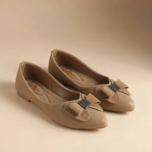 Tan_Elegant_Womens_Slip_On_Ballerina_Flats_With_Textured_Fabric,_Cushioned_Insole,_Bow_Ornamentation,_And_Embellished_Centerpieceperfect_For_Daily_Wear