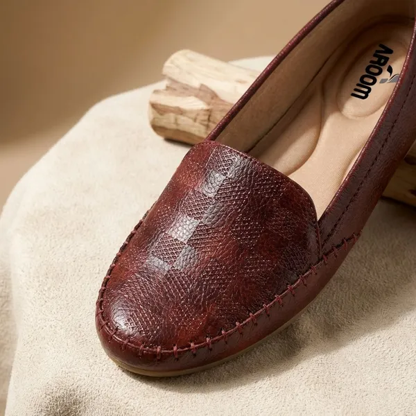 Maroon_Stylish_Check_Textured_Loafer_Flats_For_Women_With_Soft_Insole_And_Comfortable_Grip_Sole