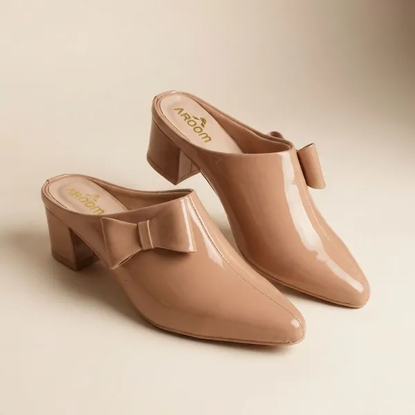 Beige_Stylish_Glossy_Bow_Mules_For_Women_With_Comfortable_Block_Heel_And_Slip_On_Design