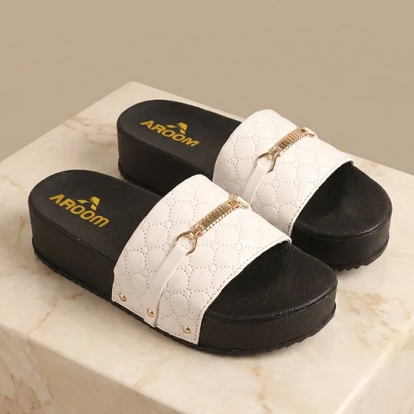 White_Trendy_Platform_Flats_For_Women_With_Gold_Chain_Detail_And_Comfortable_Slip_On_Design