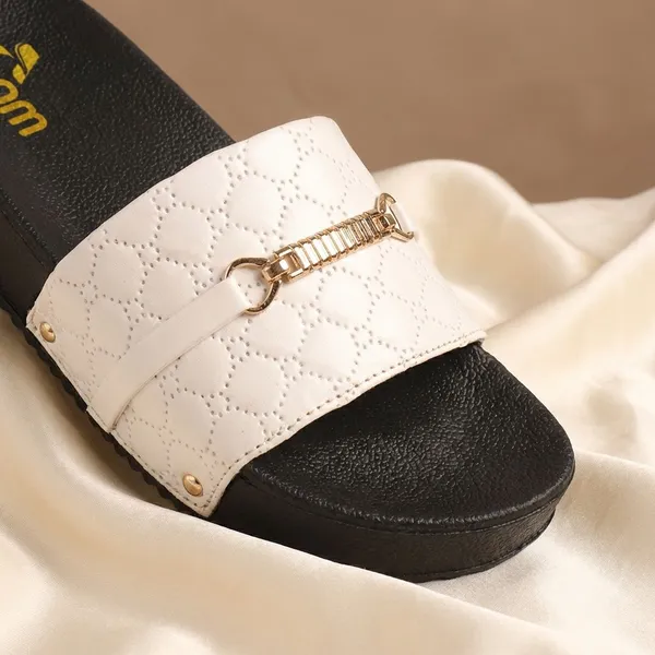 White_Trendy_Platform_Flats_For_Women_With_Gold_Chain_Detail_And_Comfortable_Slip_On_Design