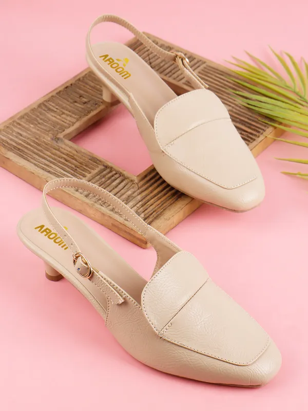 Cream_Elegant_Slingback_15_Inch_Heels_With_Low_Kitten_Heel,_Loafer_Style_Front,_And_Adjustable_Buckle_Strap_For_Stylish_Comfort