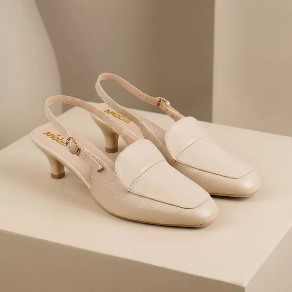 Cream_Elegant_Slingback_15_Inch_Heels_With_Low_Kitten_Heel,_Loafer_Style_Front,_And_Adjustable_Buckle_Strap_For_Stylish_Comfort