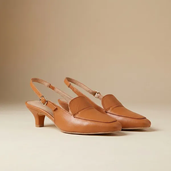 Tan_Elegant_Slingback_15_Inch_Heels_With_Low_Kitten_Heel,_Loafer_Style_Front,_And_Adjustable_Buckle_Strap_For_Stylish_Comfort