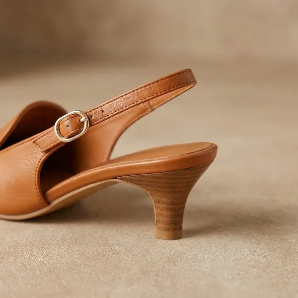 Tan_Elegant_Slingback_15_Inch_Heels_With_Low_Kitten_Heel,_Loafer_Style_Front,_And_Adjustable_Buckle_Strap_For_Stylish_Comfort