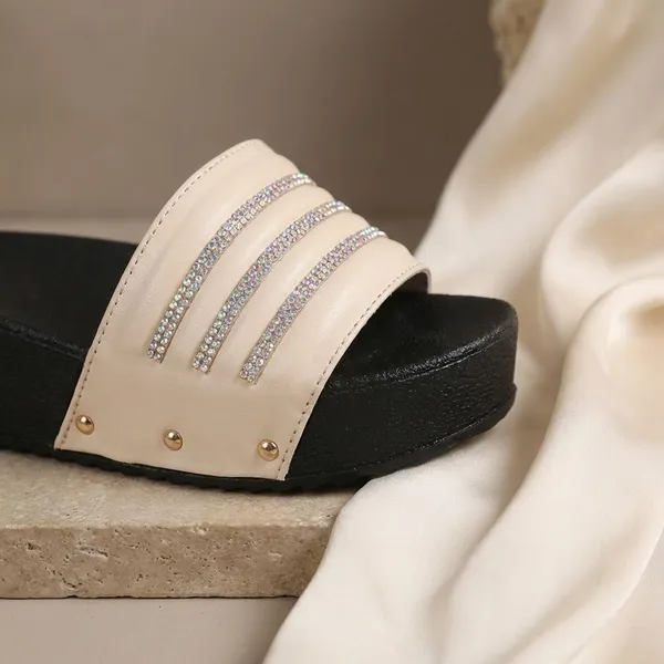 Cream_Trendy_And_Black_Platform_Sliders_With_Rhinestone_Straps_For_Women