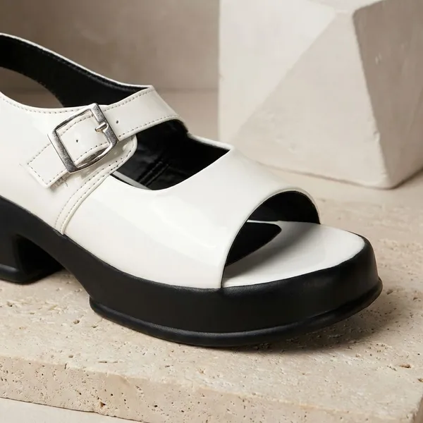 White_Trendy_Beige_Platform_Sandals_With_Buckle_Detail_And_Block_Heel