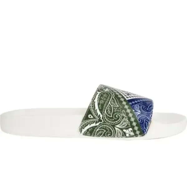 Bandana_Print_Slide_Slippers_White_Base_With_Green_And_Blue_Paisley_Design