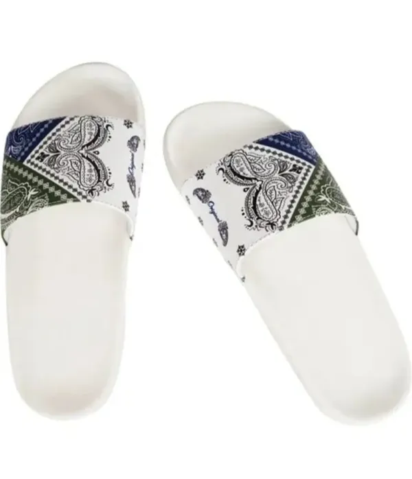 Bandana_Print_Slide_Slippers_White_Base_With_Green_And_Blue_Paisley_Design