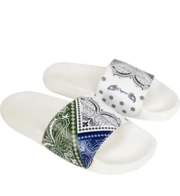 Bandana_Print_Slide_Slippers_White_Base_With_Green_And_Blue_Paisley_Design