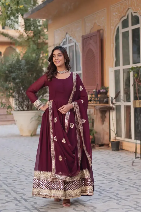 Dark_Maroon_Designer_Gown_With_Sequins_Embroidery_Work_With_Dupatta_For_Women
