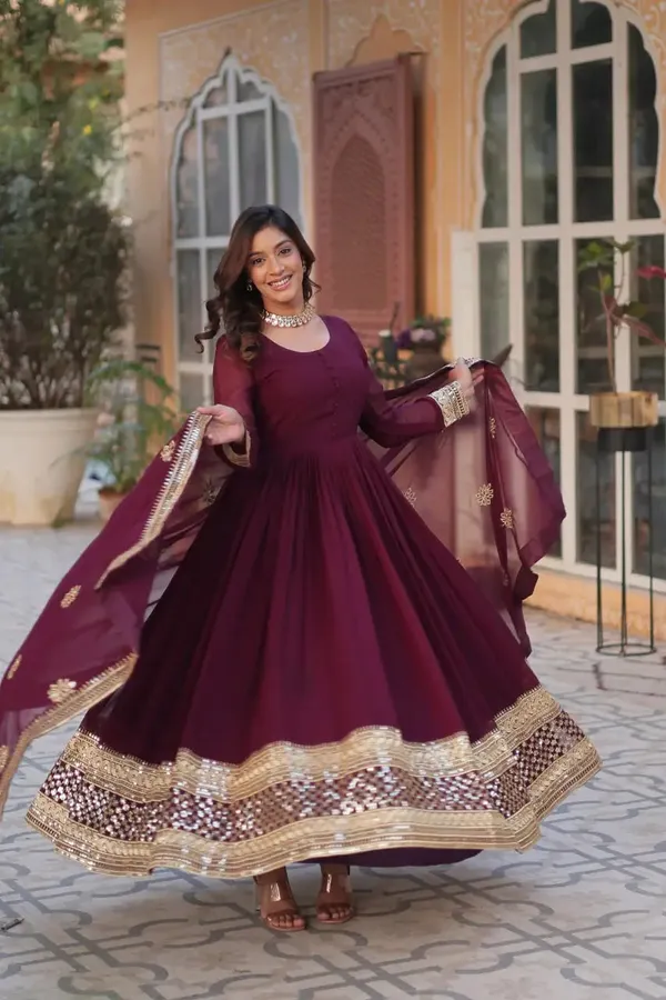 Dark_Maroon_Designer_Gown_With_Sequins_Embroidery_Work_With_Dupatta_For_Women