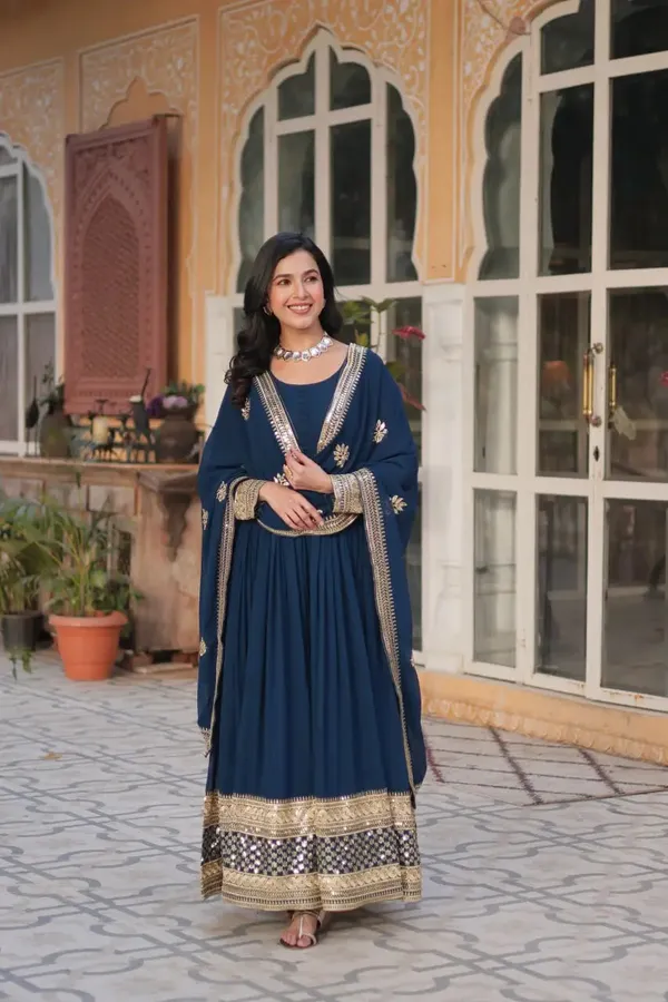 Tealish_Blue_Designer_Gown_With_Sequins_Embroidery_Work_With_Dupatta_For_Women