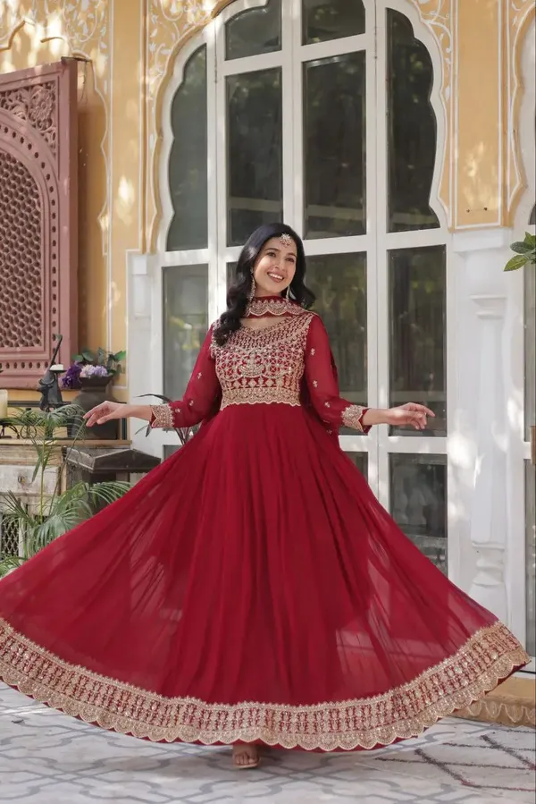 Falu_Red_Georgette_Gown_Embroidery_Work_With_Dupatta_For_Women