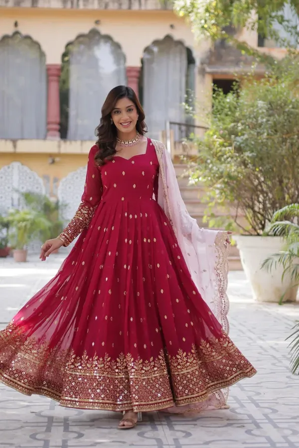 Paprika_Red_Georgette_Sequins_Embroidery_Work_Gown_With_Contrast_Dupatta_For_Women