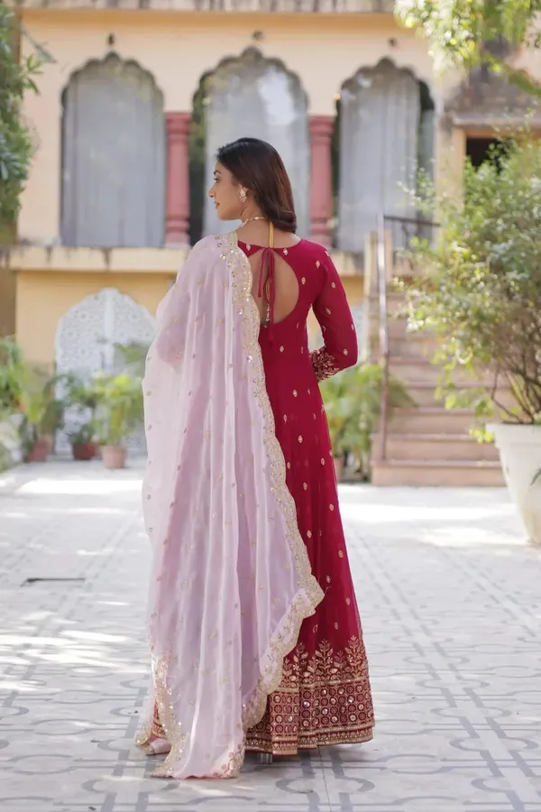 Paprika_Red_Georgette_Sequins_Embroidery_Work_Gown_With_Contrast_Dupatta_For_Women