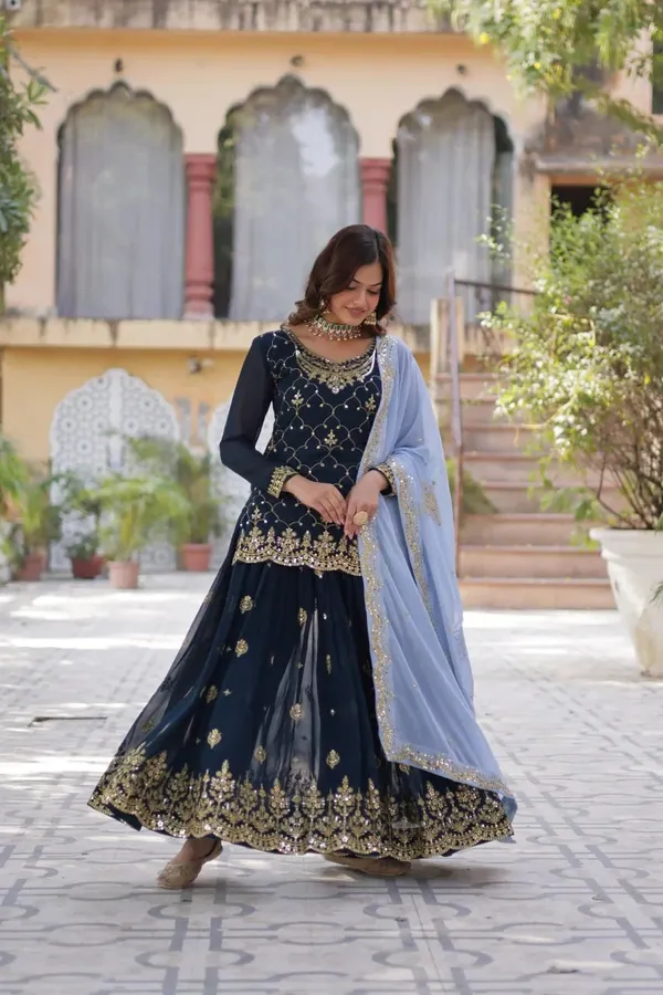 Teal_Blue_Sequins_Embroidery_Work_Kurti_Palazzo_Suit_With_Contrast_Dupatta_For_Women